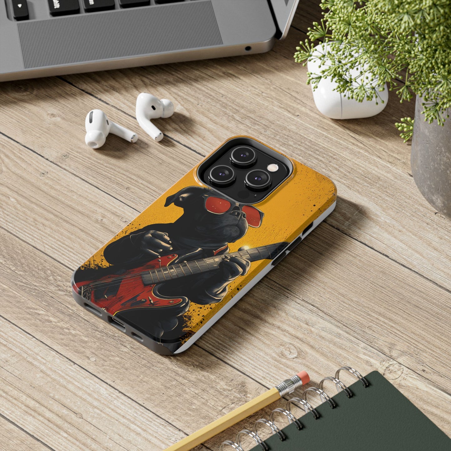 French Bulldog with Red Sunglasses Playing Red Guitar Tough Phone Case