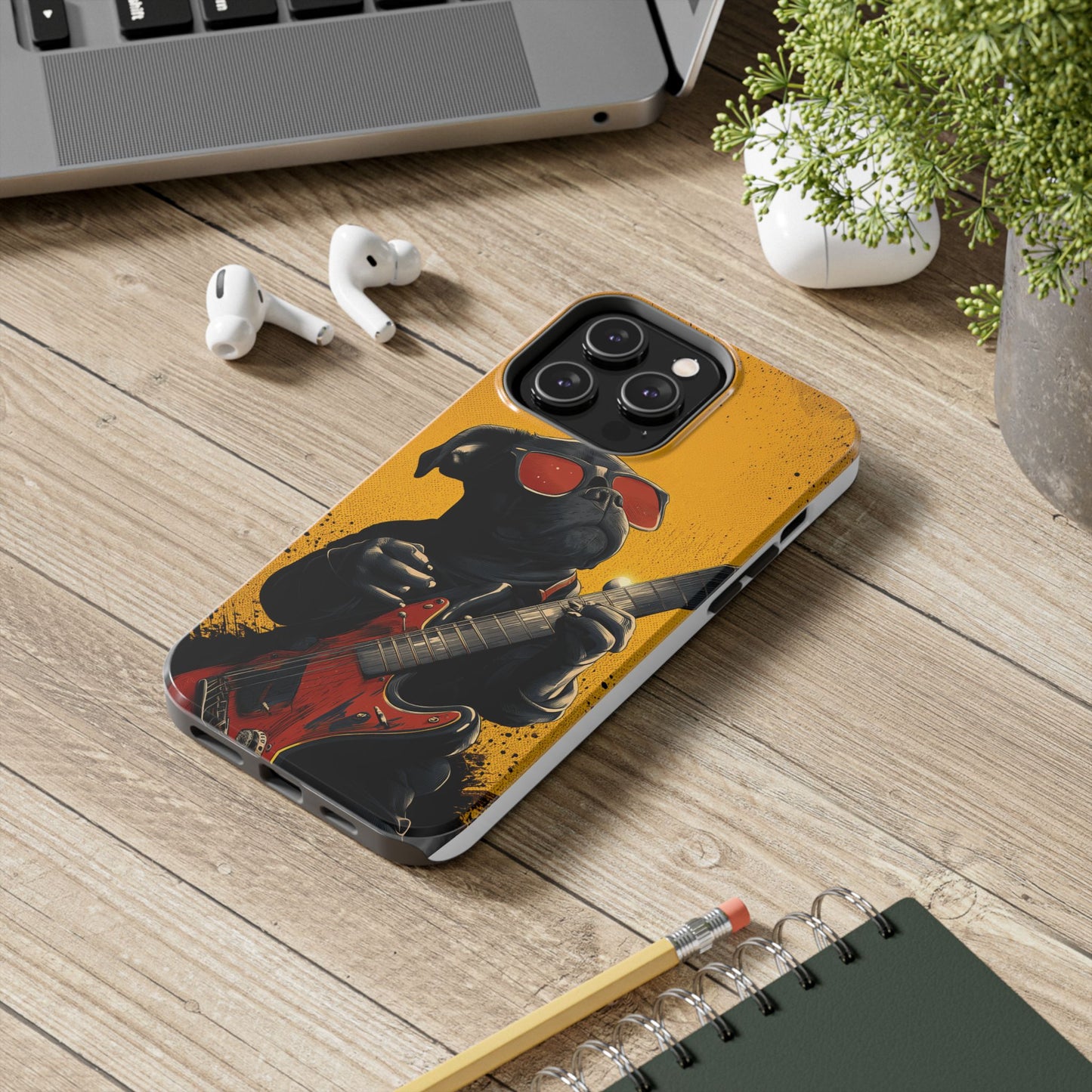 French Bulldog with Red Sunglasses Playing Red Guitar Tough Phone Case