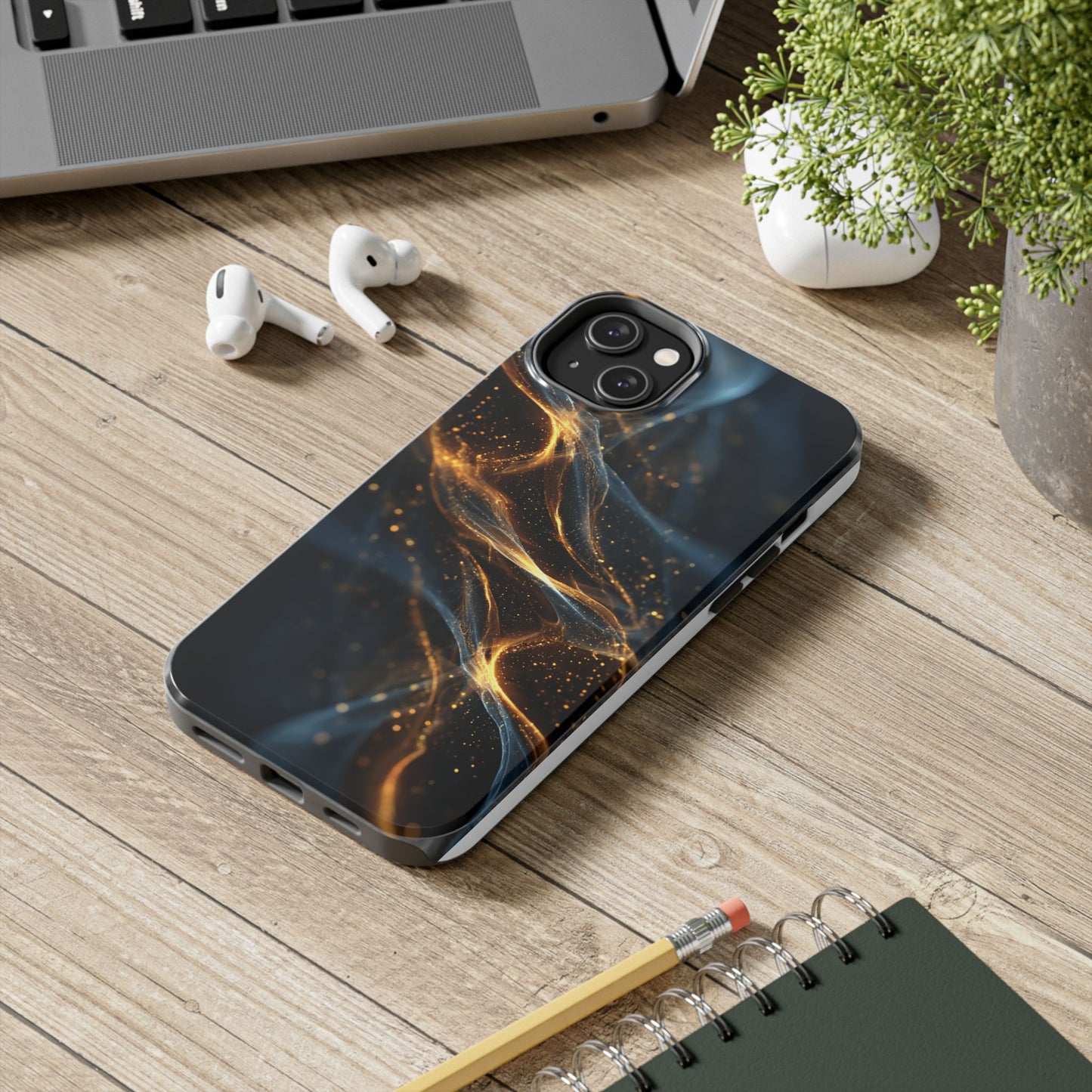 Stylish Tough Phone Case with Golden Swirl Design
