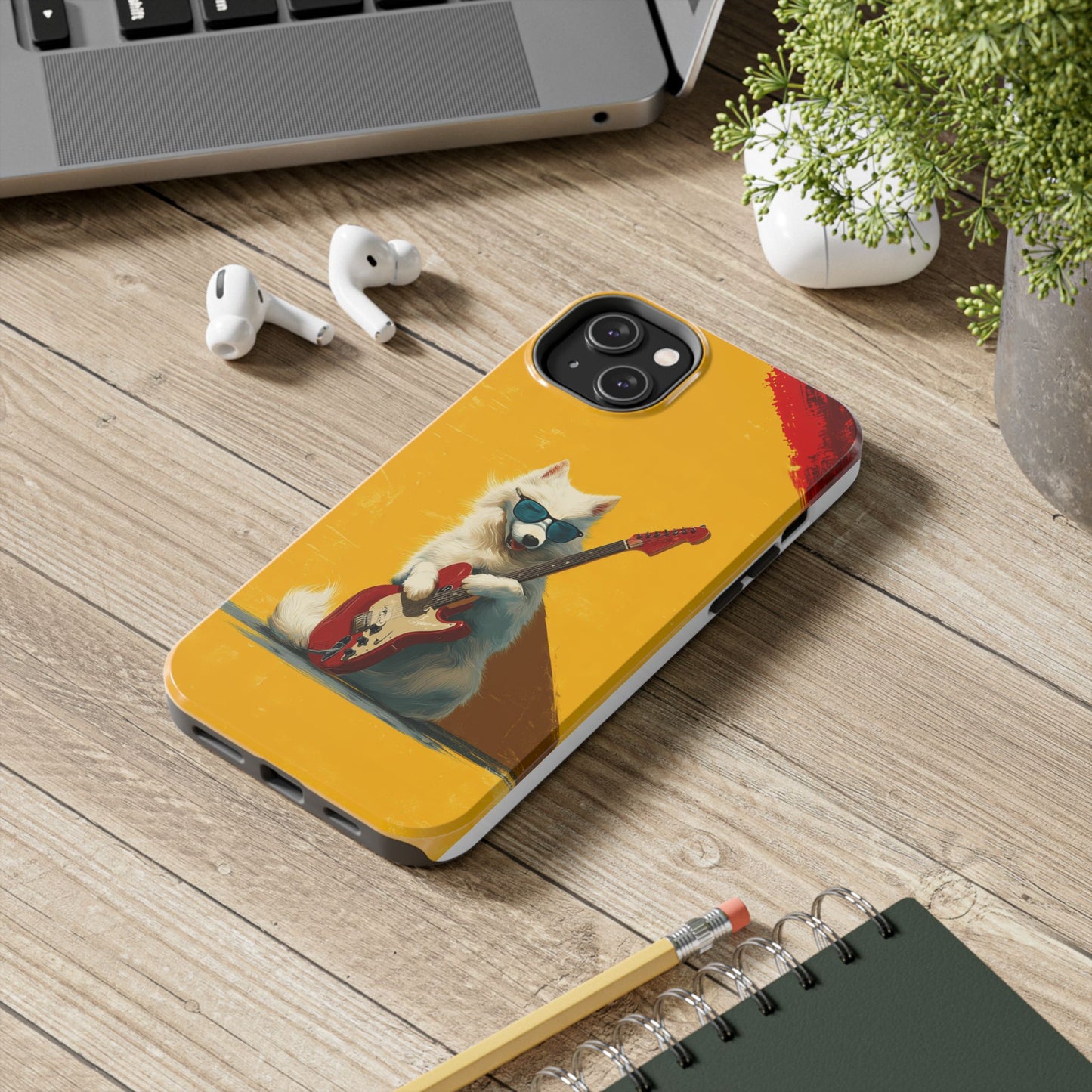 White Dog with Blue Sunglasses Playing Red Guitar Tough Phone Case
