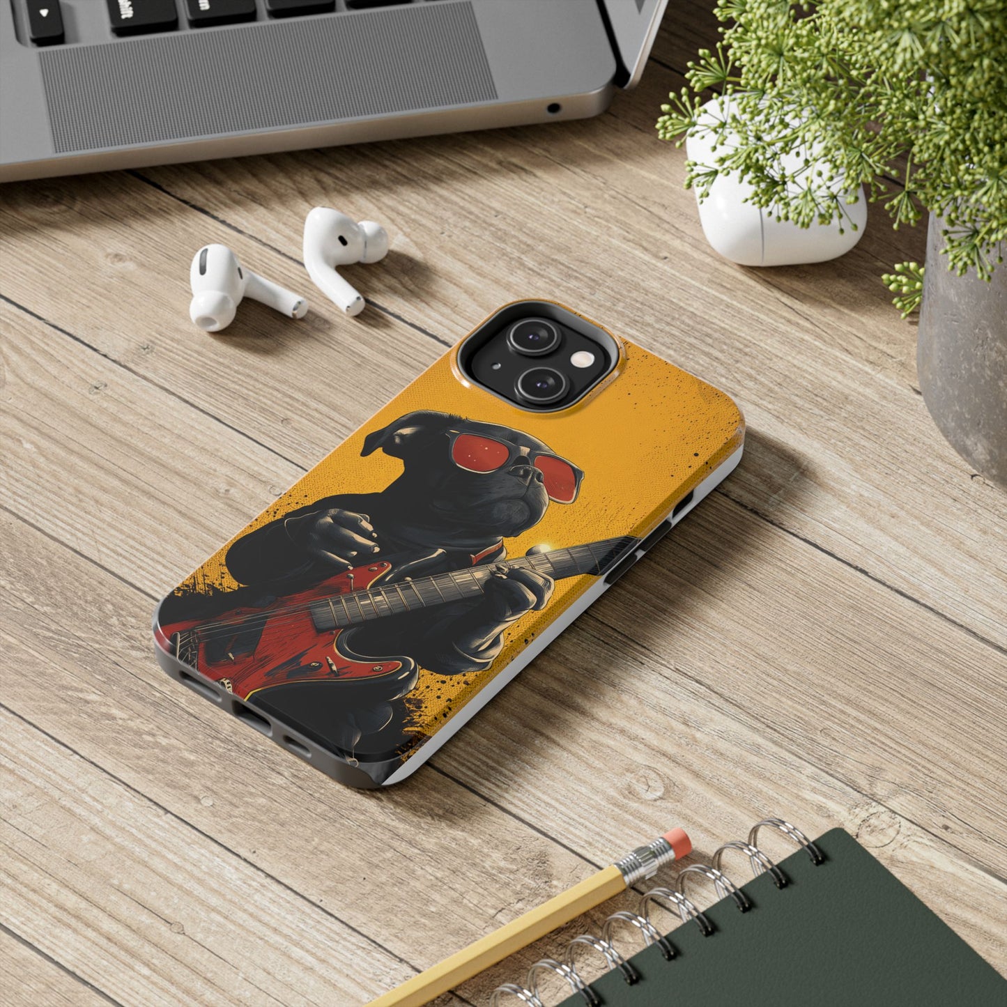 French Bulldog with Red Sunglasses Playing Red Guitar Tough Phone Case