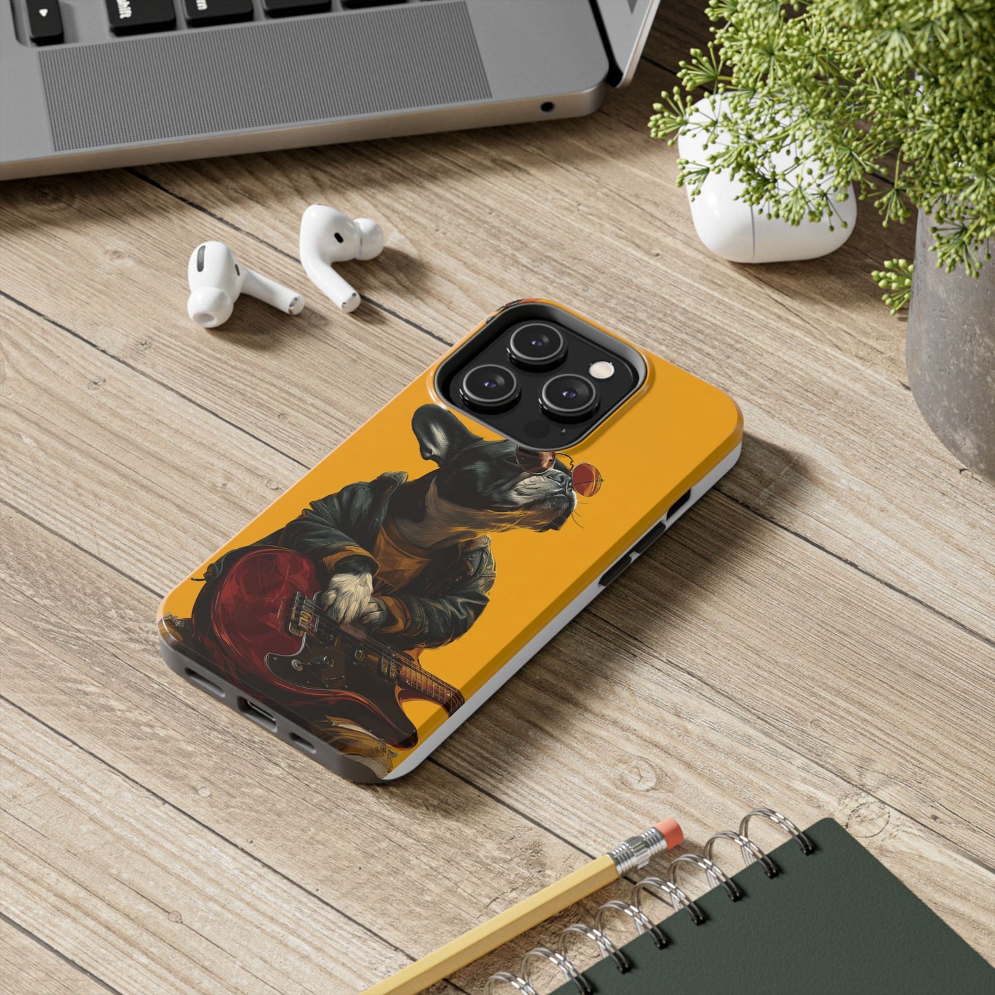 French Bulldog with Red Sunglasses Playing Red Guitar Tough Phone Case