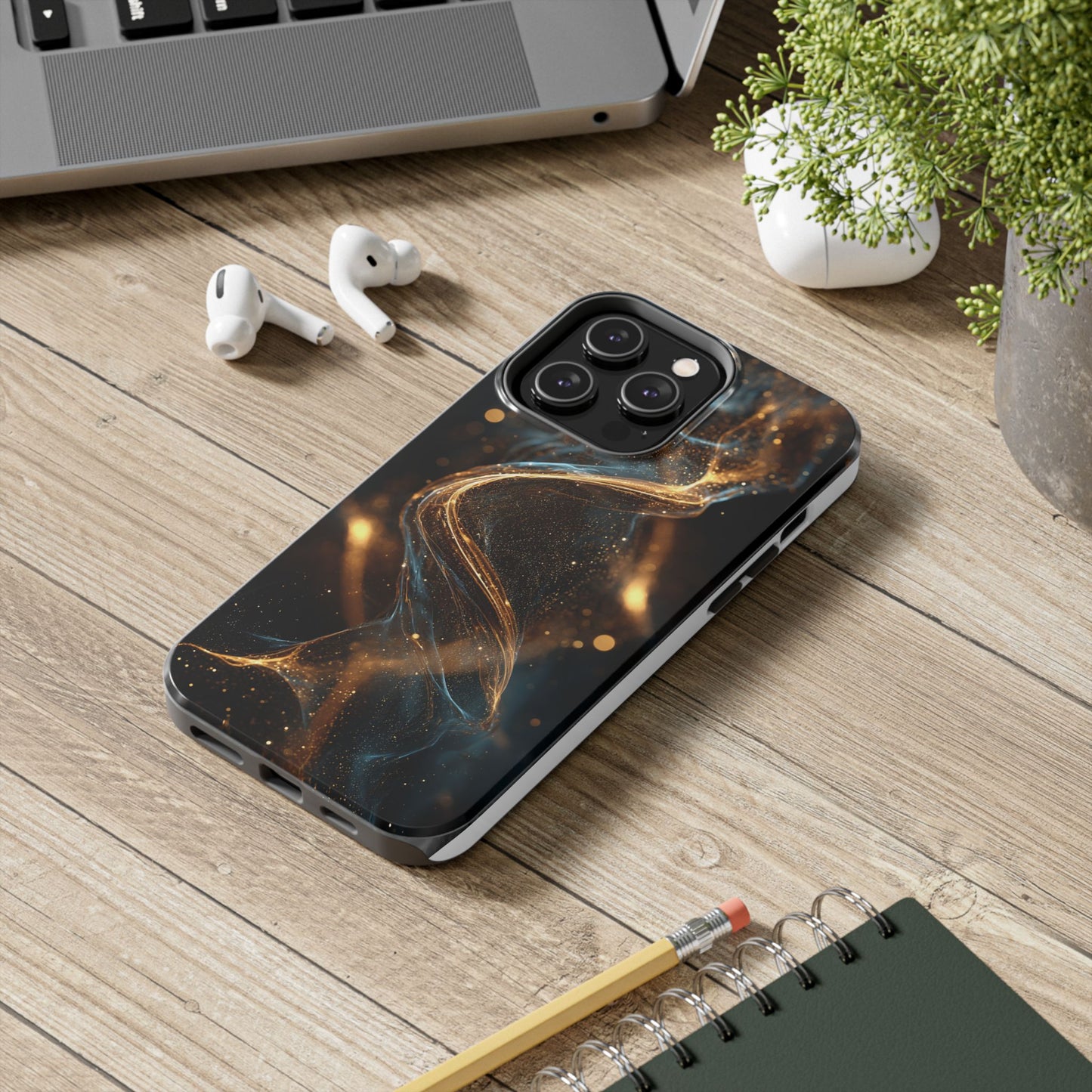 Stylish Tough Phone Case with Elegant Gold Swirl Design