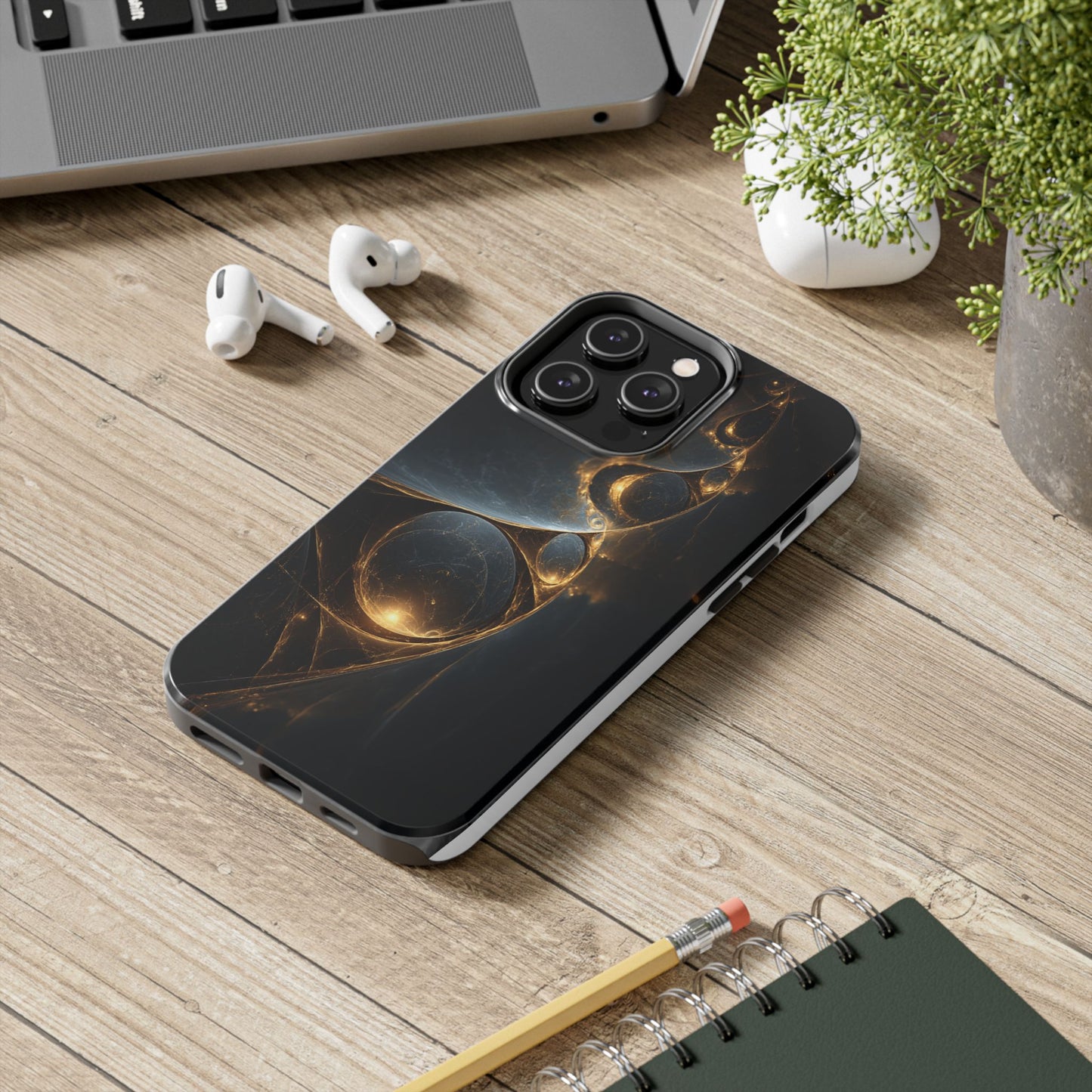 Stylish Tough Phone Case with Elegant Golden Swirls