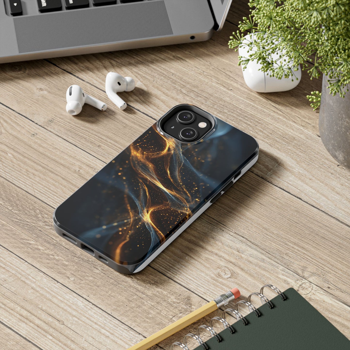 Stylish Tough Phone Case with Golden Swirl Design
