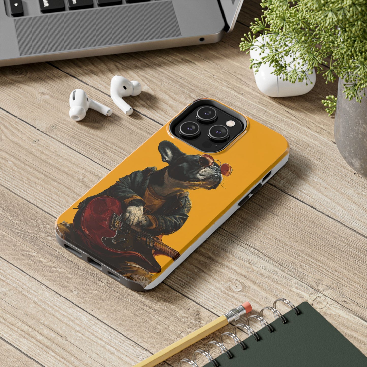French Bulldog with Red Sunglasses Playing Red Guitar Tough Phone Case