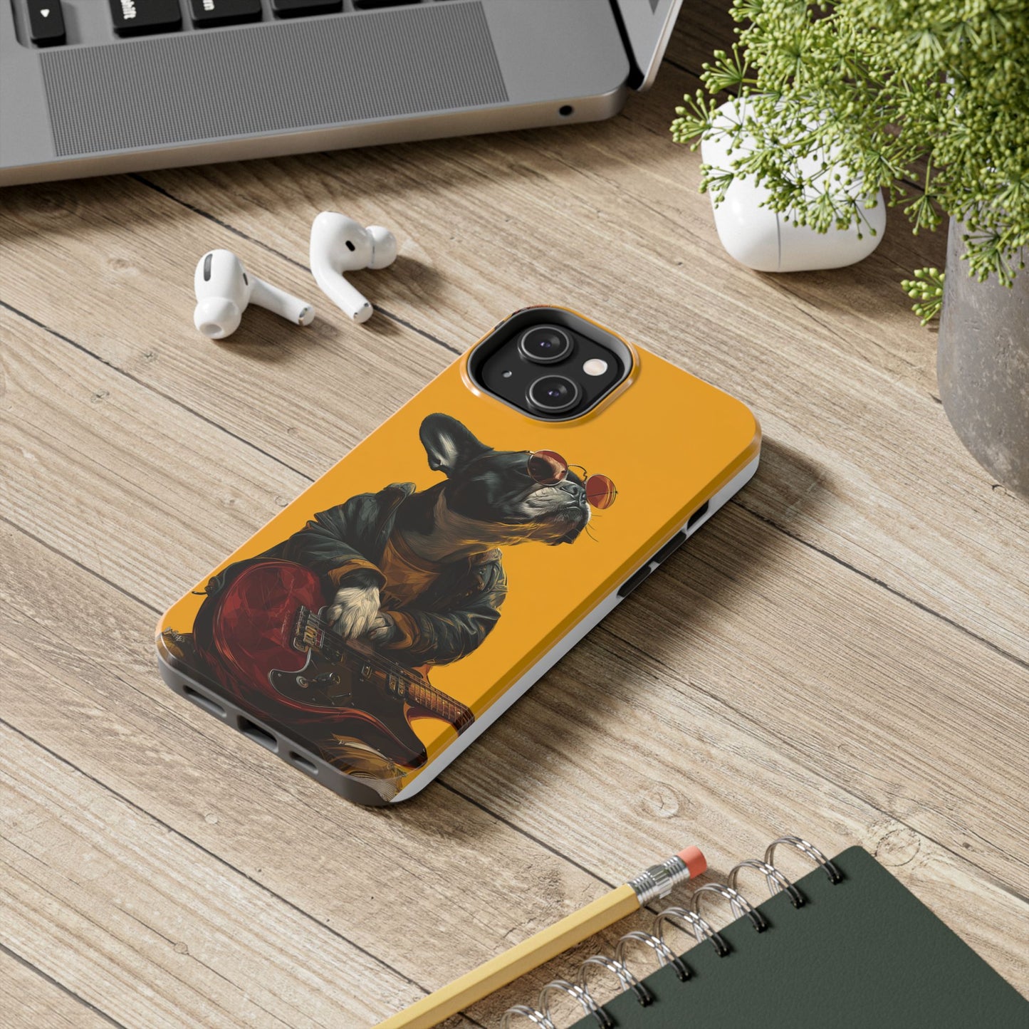 French Bulldog with Red Sunglasses Playing Red Guitar Tough Phone Case