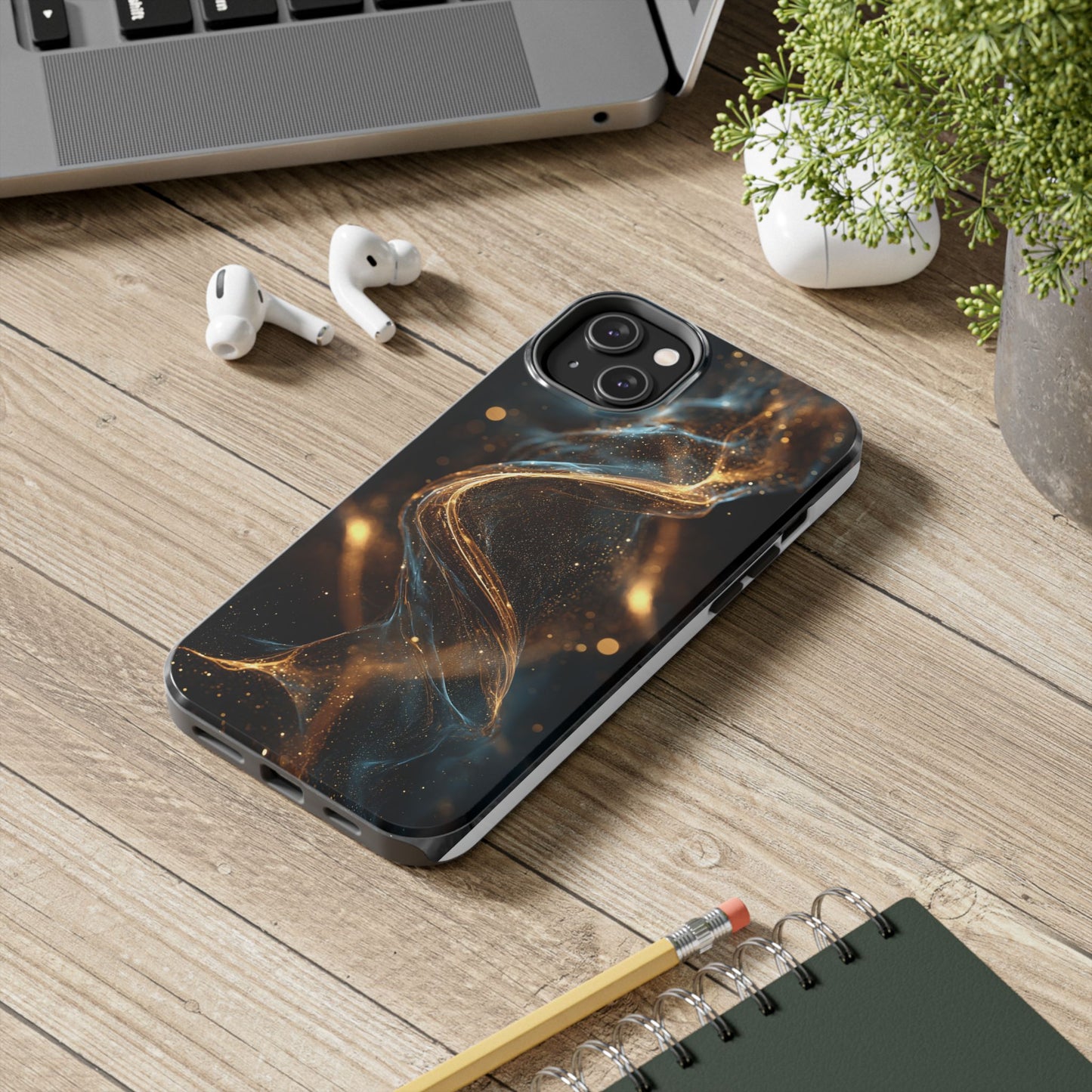Stylish Tough Phone Case with Elegant Gold Swirl Design