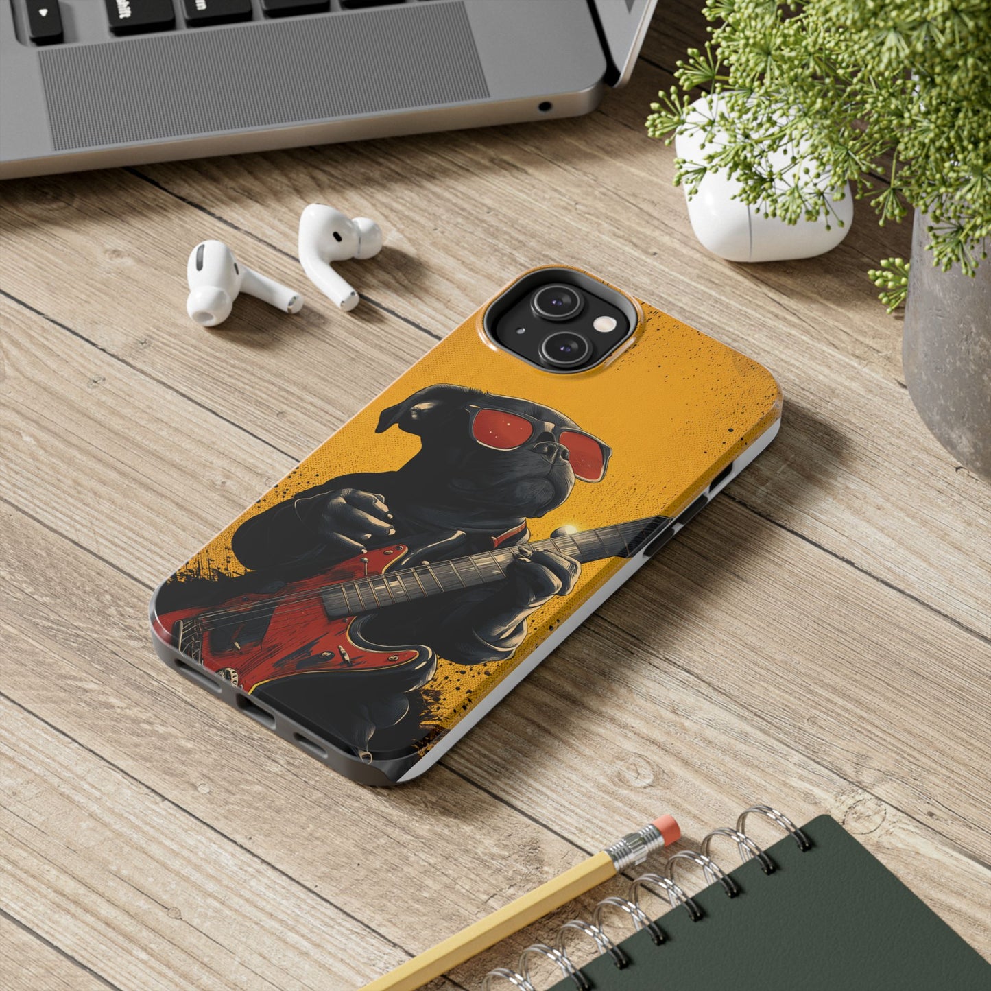 French Bulldog with Red Sunglasses Playing Red Guitar Tough Phone Case