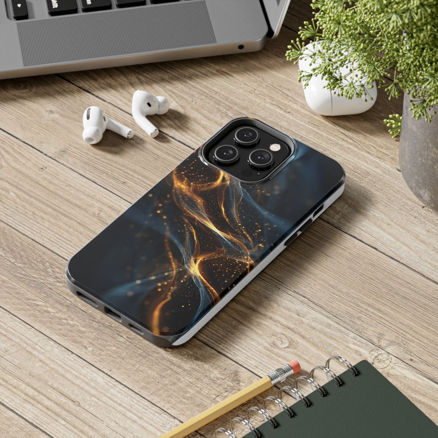 Stylish Tough Phone Case with Golden Swirl Design