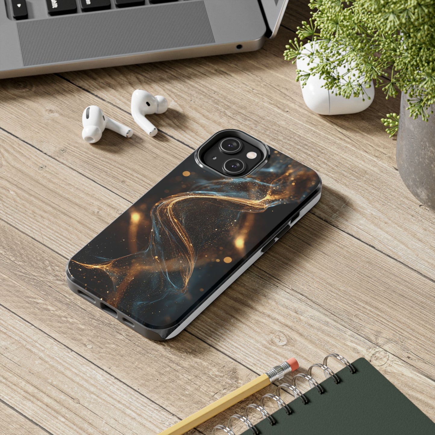 Stylish Tough Phone Case with Elegant Gold Swirl Design