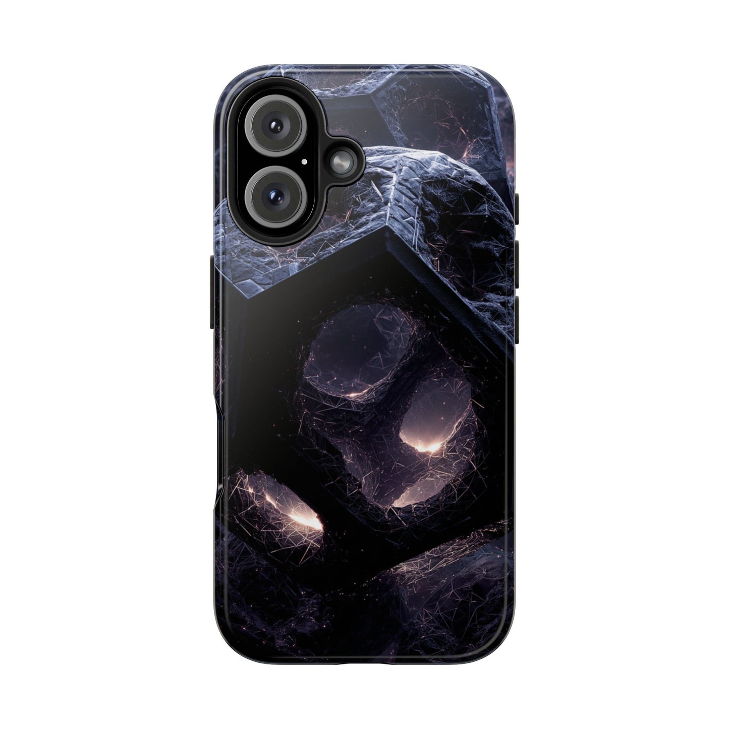 Futuristic tough phone case with dark geometric design, durable dual-layer phone cover by Skipper