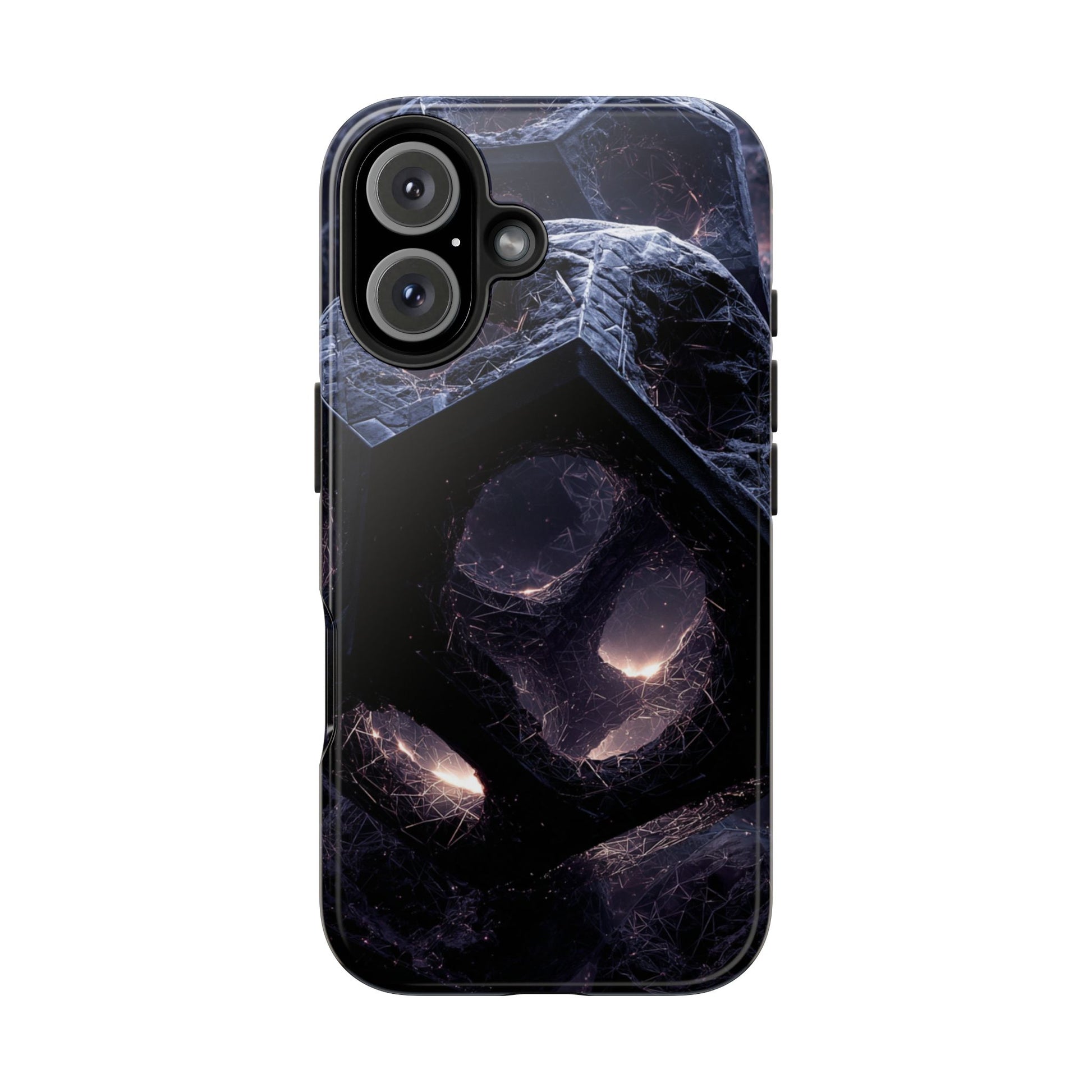 Futuristic tough phone case with dark geometric design, durable dual-layer phone cover by Skipper