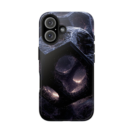 Futuristic tough phone case with dark geometric design, durable dual-layer phone cover by Skipper
