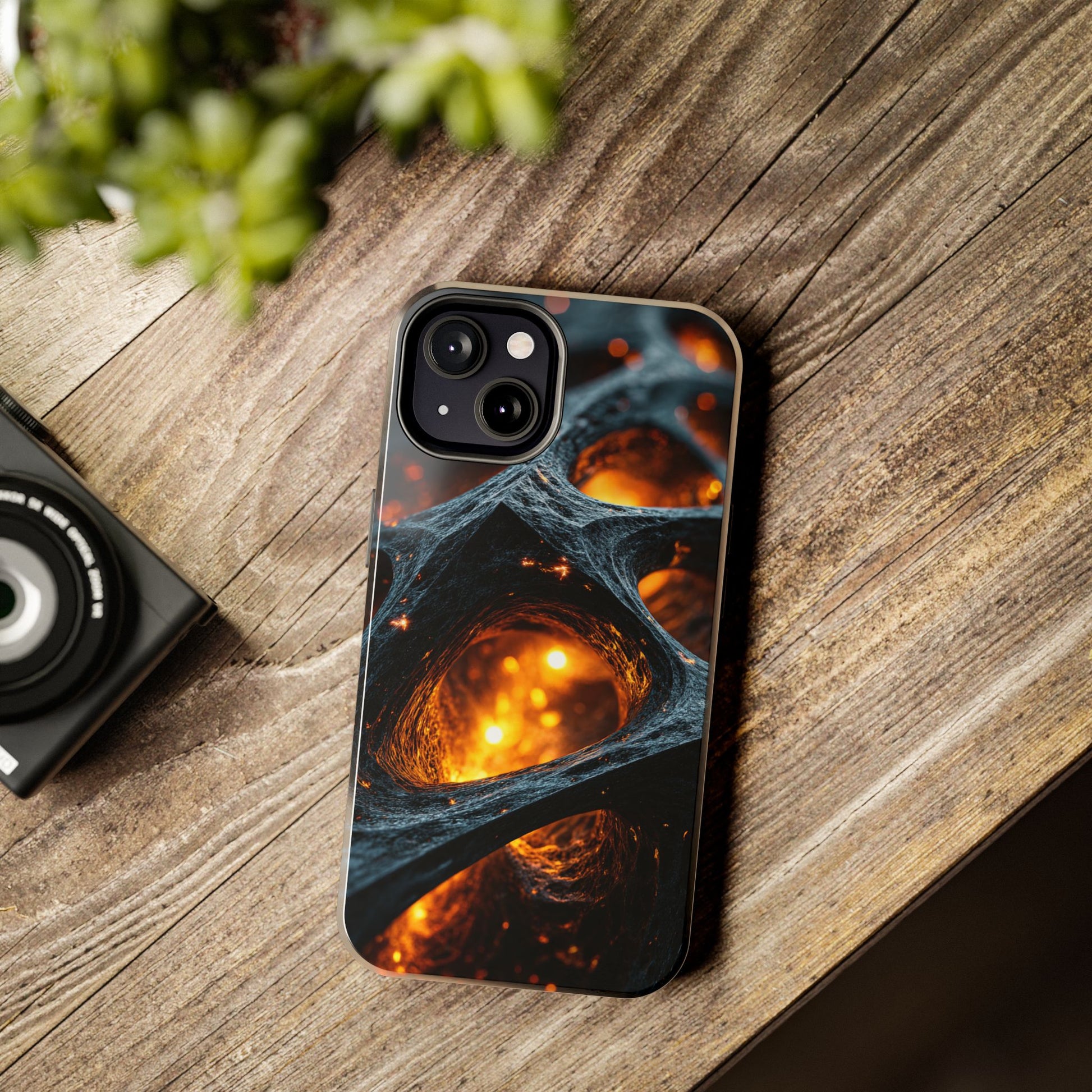 Artistic phone case with radiant orange cosmic glow pattern