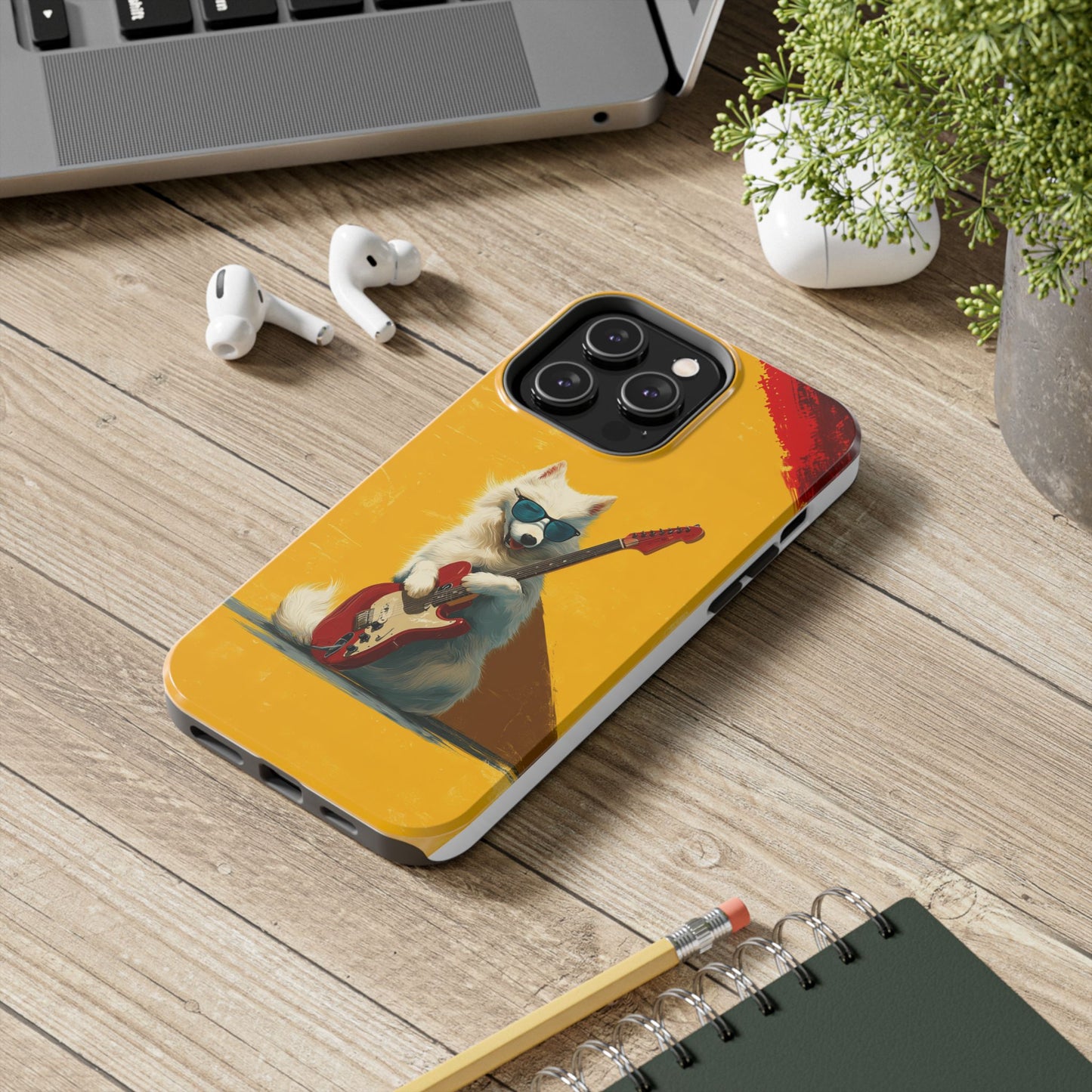 White Dog with Blue Sunglasses Playing Red Guitar Tough Phone Case