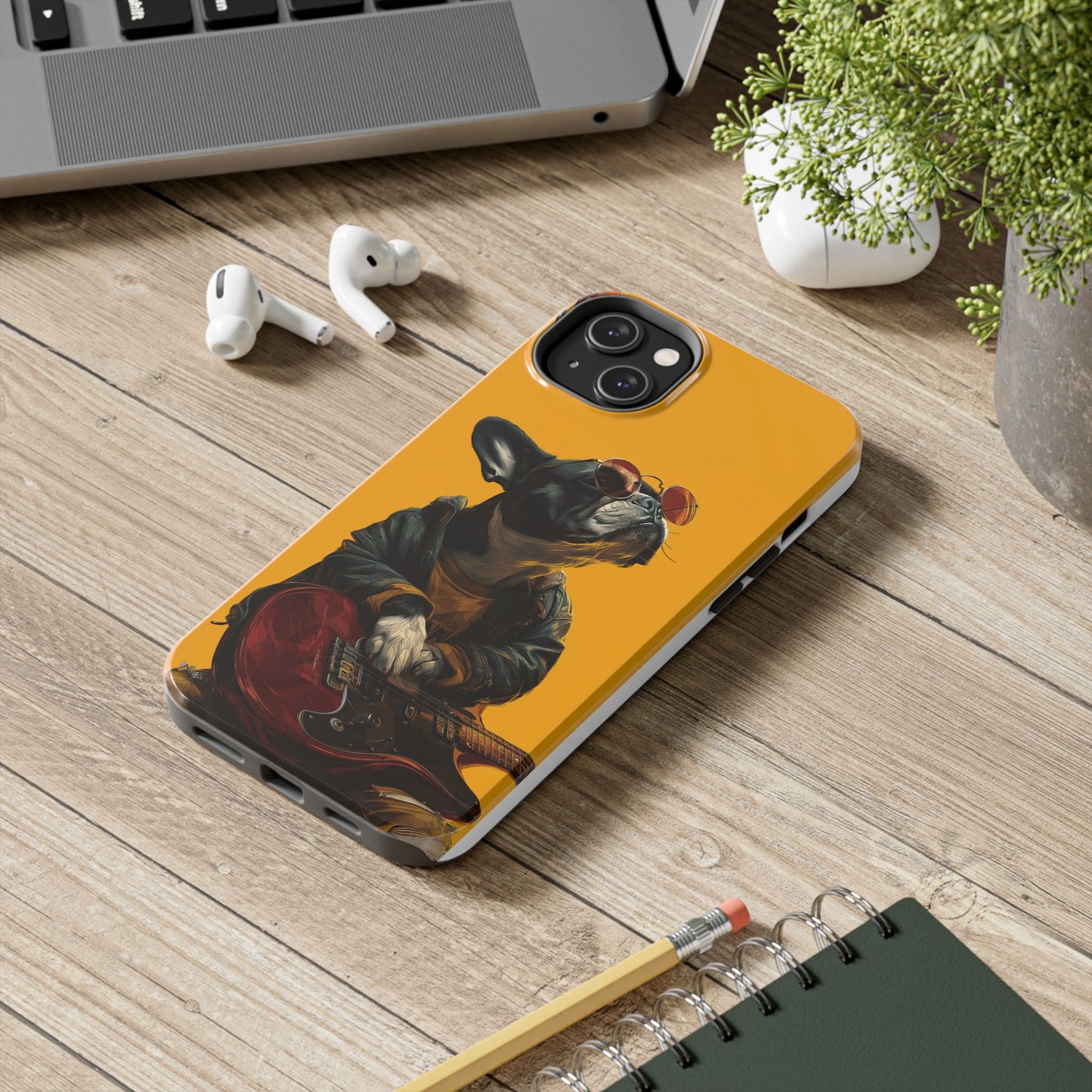 French Bulldog with Red Sunglasses Playing Red Guitar Tough Phone Case