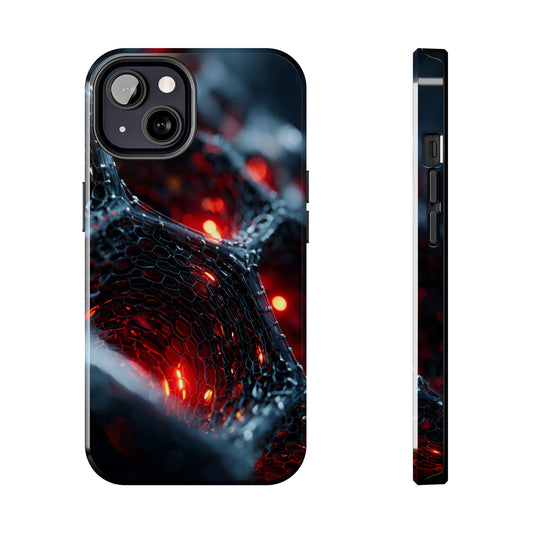 3D hexagon sci-fi tough phone case with blue and red lighting.