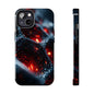 3D hexagon sci-fi tough phone case with blue and red lighting.