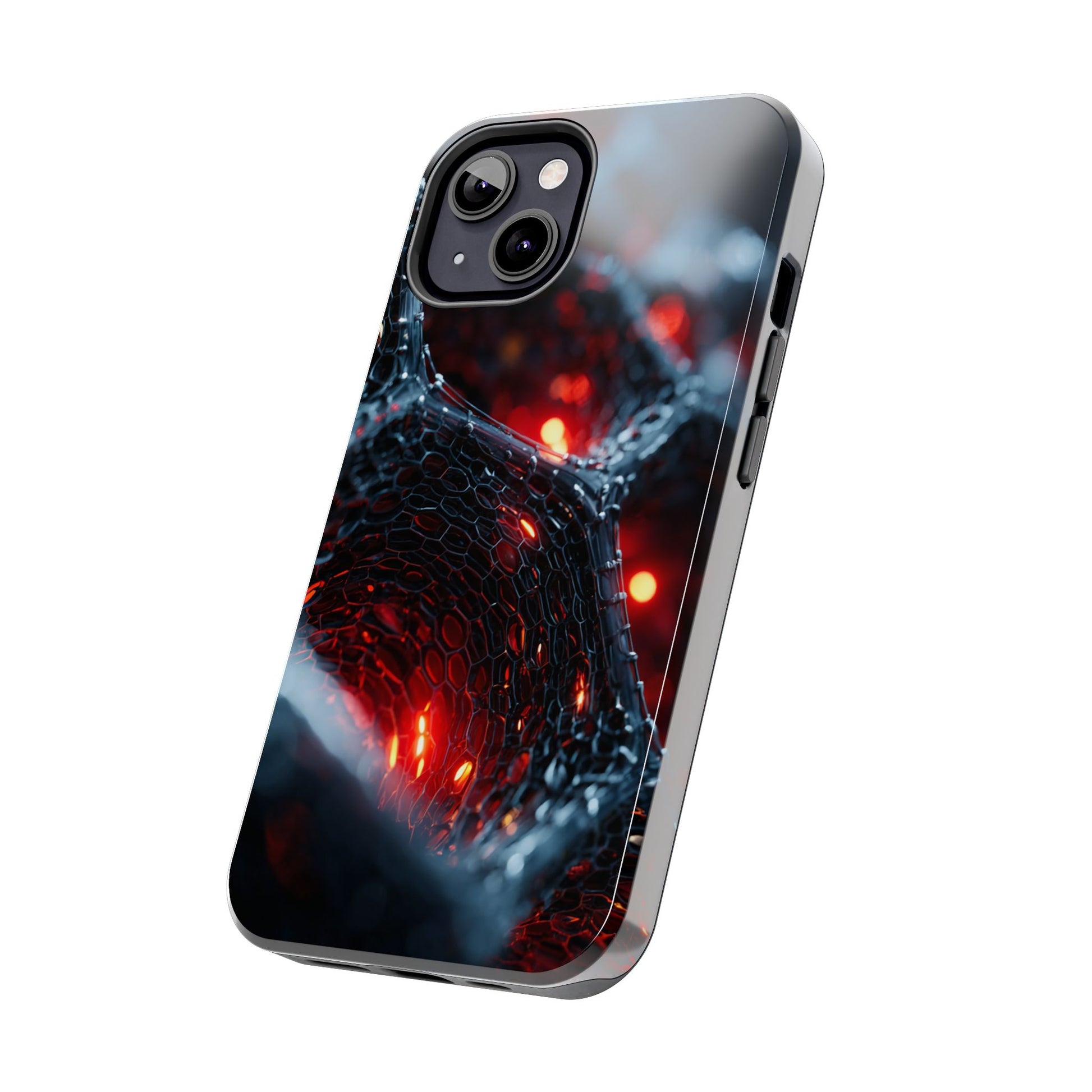 Durable phone cover with blue hexagons and deep red glow.