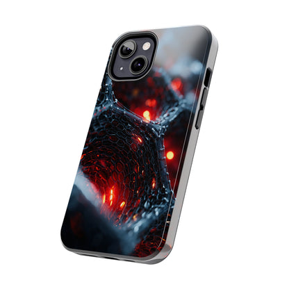 Durable phone cover with blue hexagons and deep red glow.