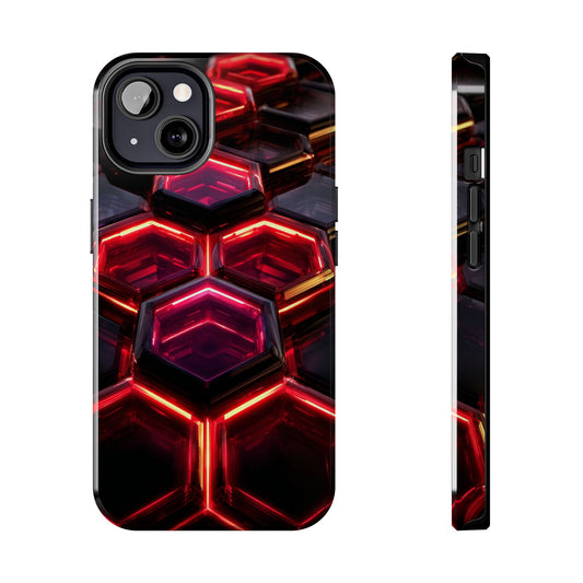 Quantum Hexagon Neon Nexus Phone Case - Crimson Energy Matrix Design by Artist Skipper | Premium Sci-Fi Protection