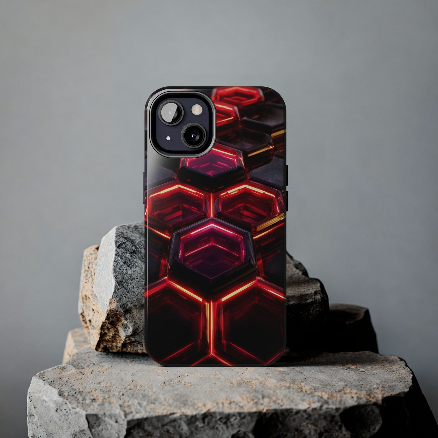 Quantum Hexagon Neon Nexus Phone Case - Crimson Energy Matrix Design by Artist Skipper | Premium Sci-Fi Protection