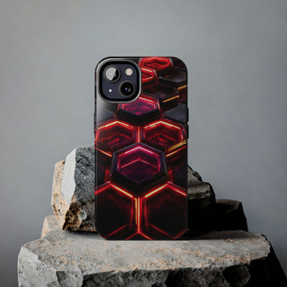 Quantum Hexagon Neon Nexus Phone Case - Crimson Energy Matrix Design by Artist Skipper | Premium Sci-Fi Protection