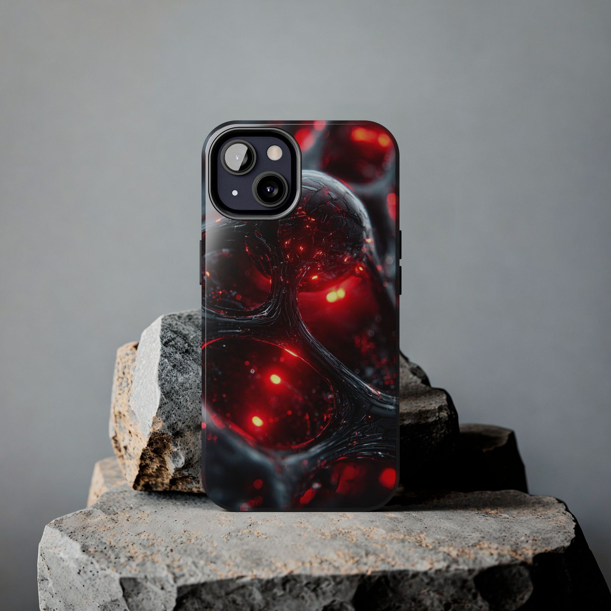 Close-up of bold red bubble phone case edges and port cutouts