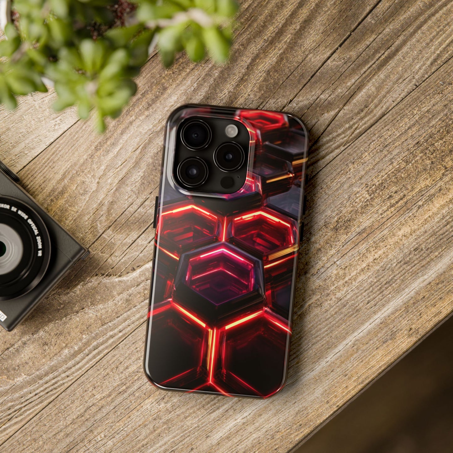 Quantum Hexagon Neon Nexus Phone Case - Crimson Energy Matrix Design by Artist Skipper | Premium Sci-Fi Protection