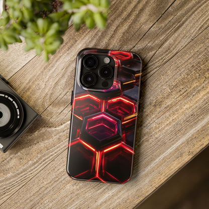Quantum Hexagon Neon Nexus Phone Case - Crimson Energy Matrix Design by Artist Skipper | Premium Sci-Fi Protection