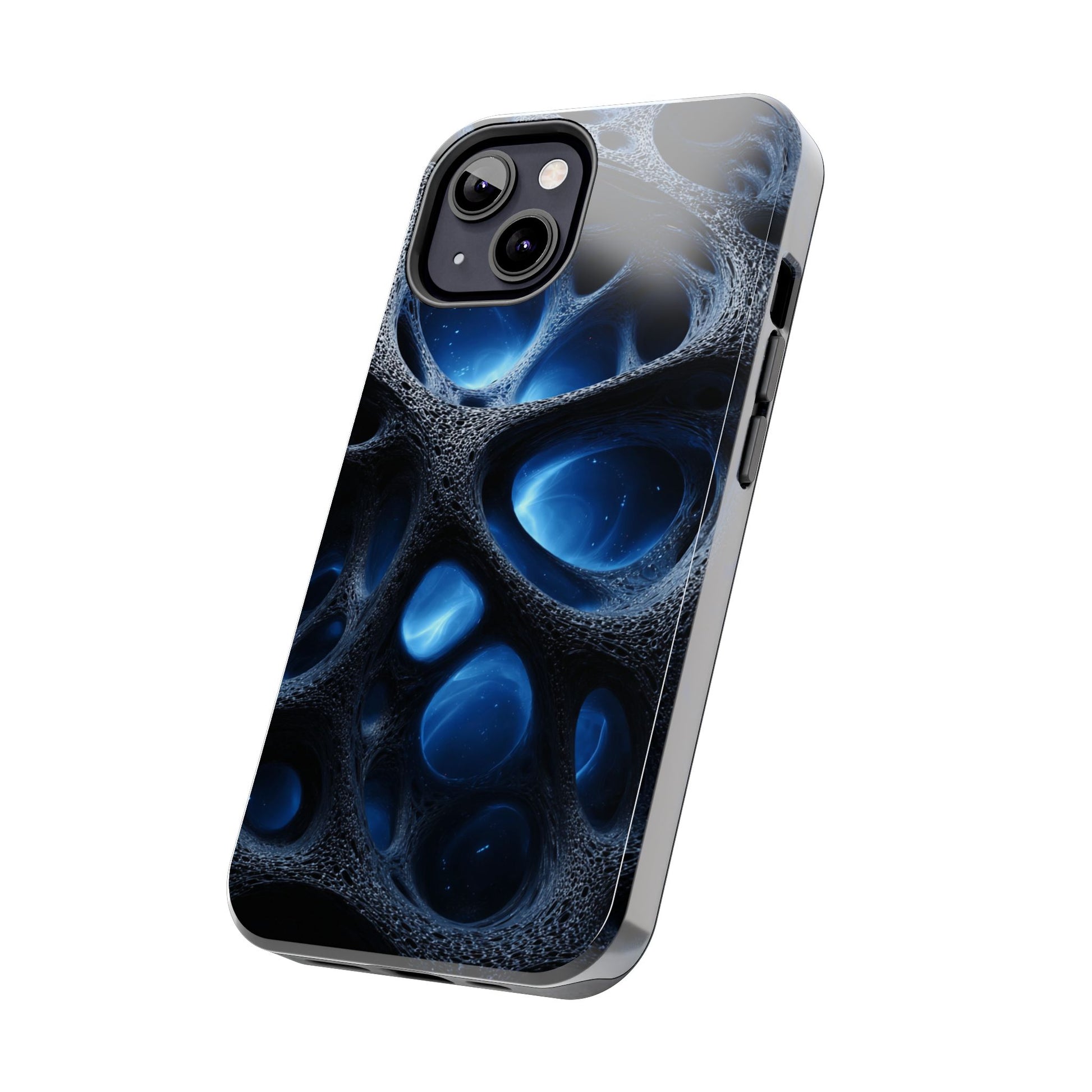 Close-up of abstract design phone case edges and button cutouts