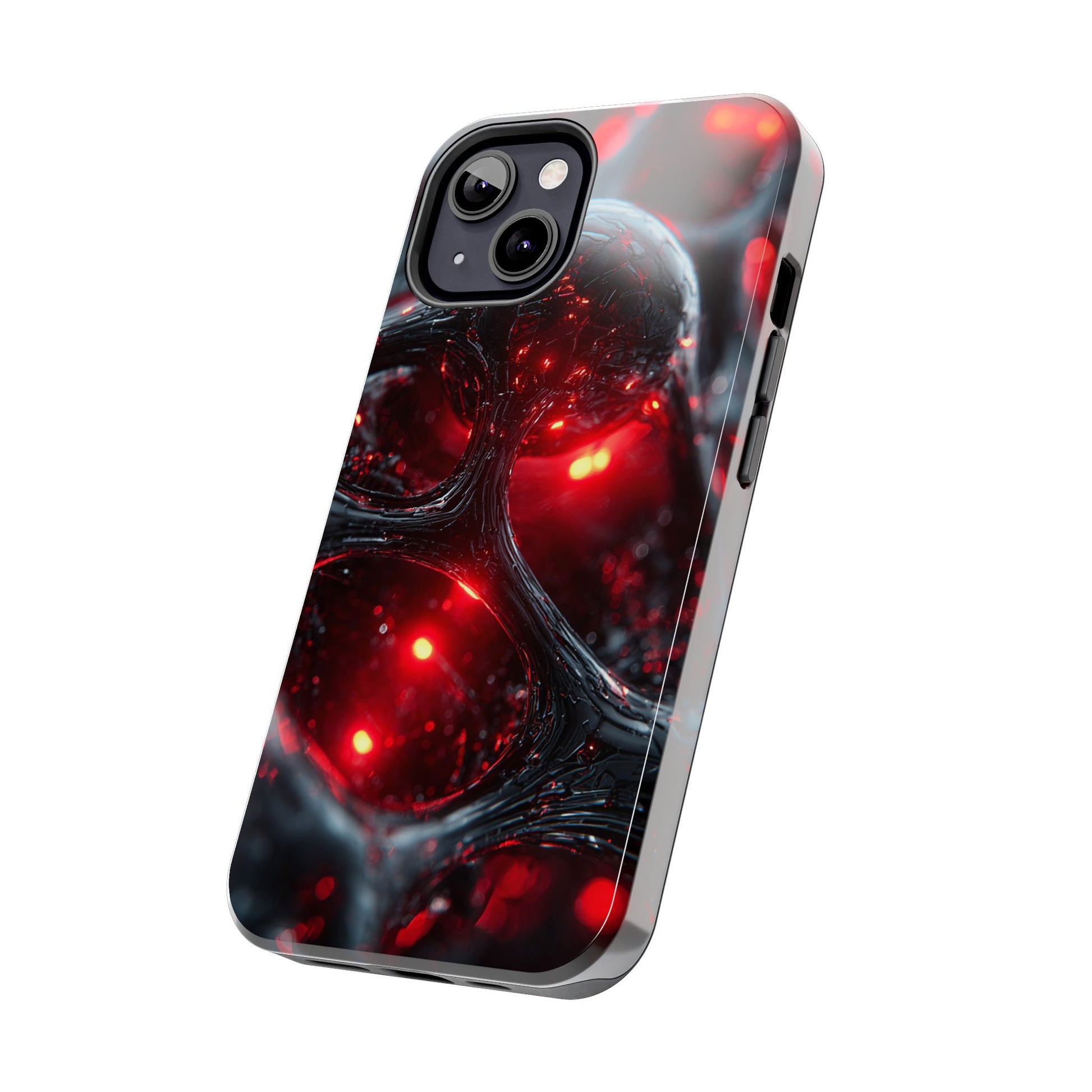 Artistic phone case by Skipper featuring unique red bubble pattern