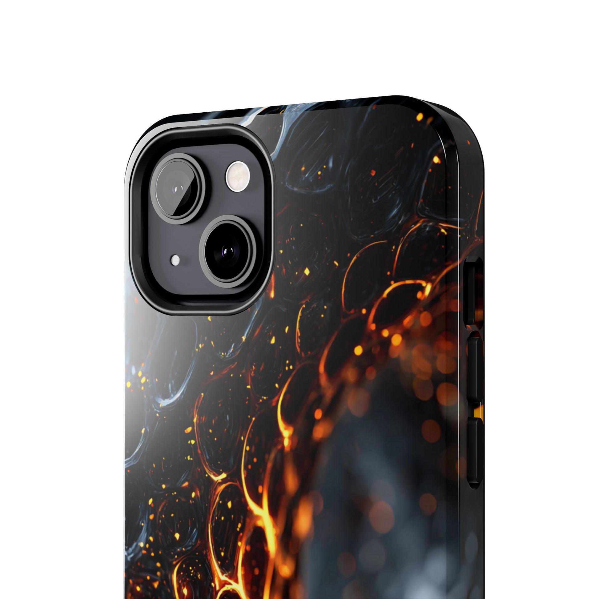 Close-up of phone case with glowing fire artwork