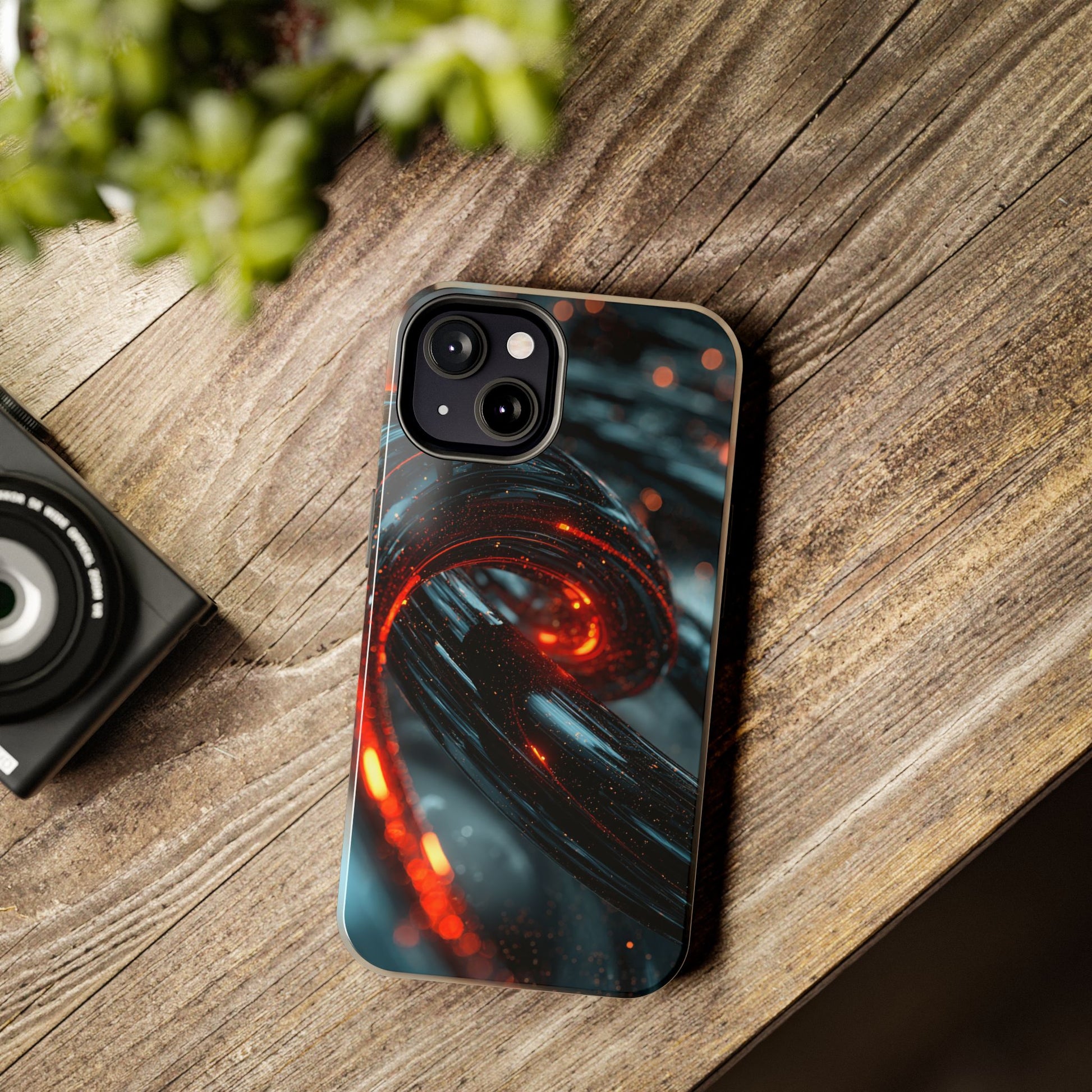 Artistic phone case with deep red and black molten patterns