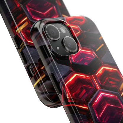 Quantum Hexagon Neon Nexus Phone Case - Crimson Energy Matrix Design by Artist Skipper | Premium Sci-Fi Protection