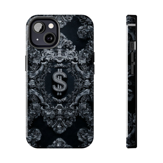 Tough phone case featuring wealth symbols and money attraction patterns. Durable, stylish, and perfect as a good luck charm for your tech.