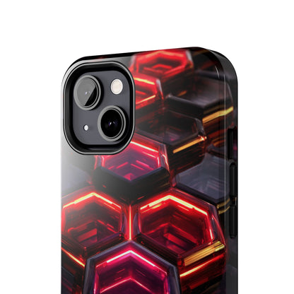 Quantum Hexagon Neon Nexus Phone Case - Crimson Energy Matrix Design by Artist Skipper | Premium Sci-Fi Protection