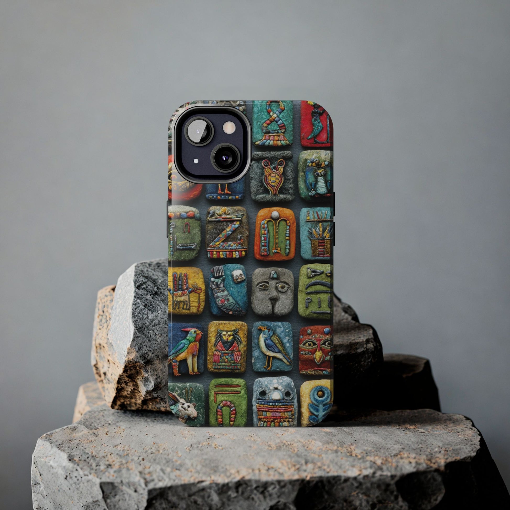 Artistic Egyptian-inspired smartphone case with colorful motifs on white