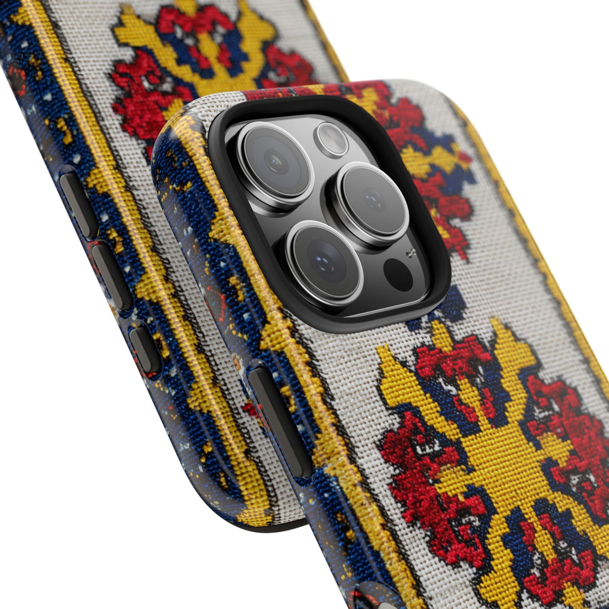 Bohemian iPhone case with vibrant Romanian flower patterns