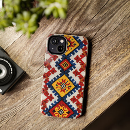 Close-up of Romanian inspired colorful geometric phone cover