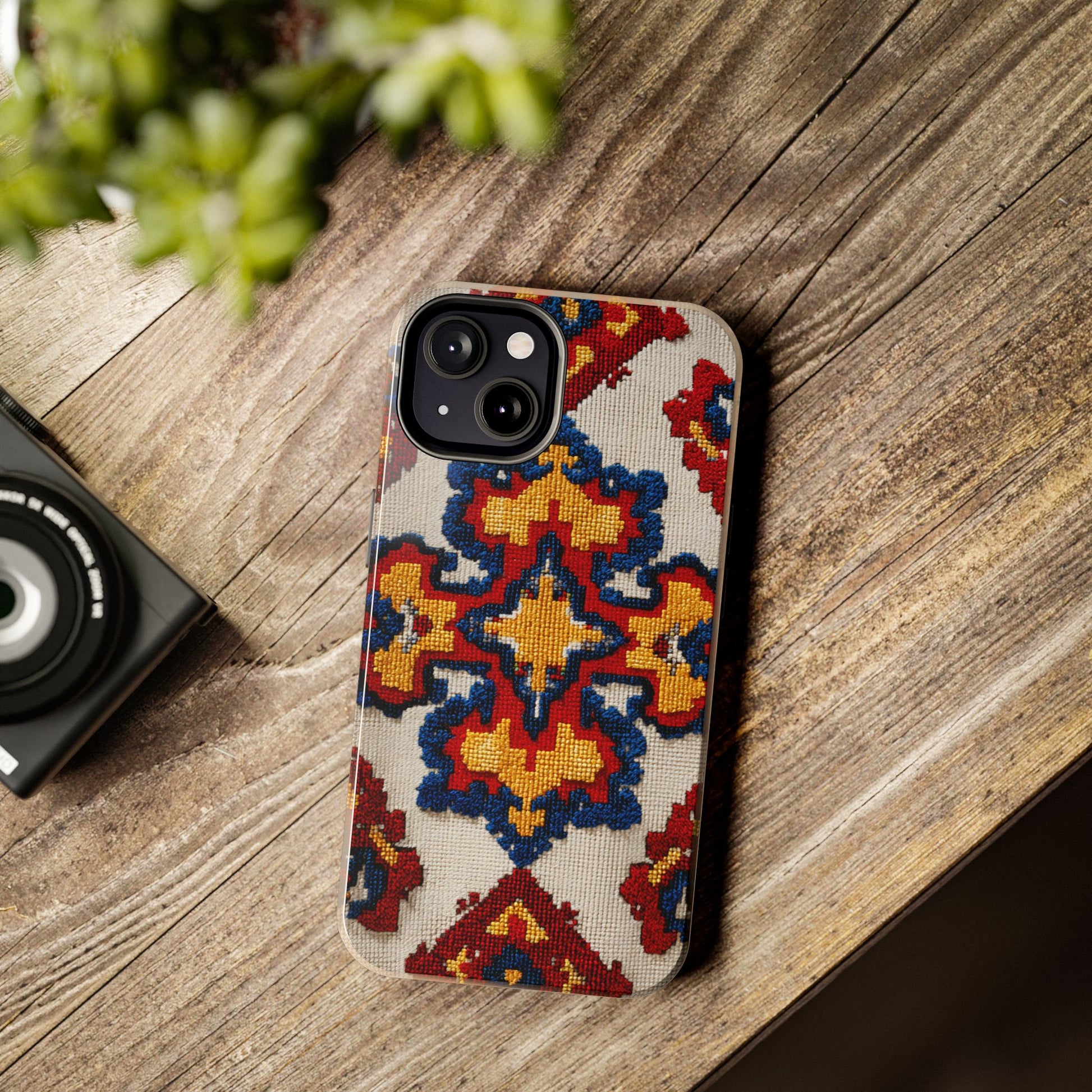 Close-up of colorful Romanian patterned phone cover