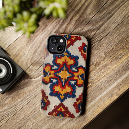 Close-up of colorful Romanian patterned phone cover