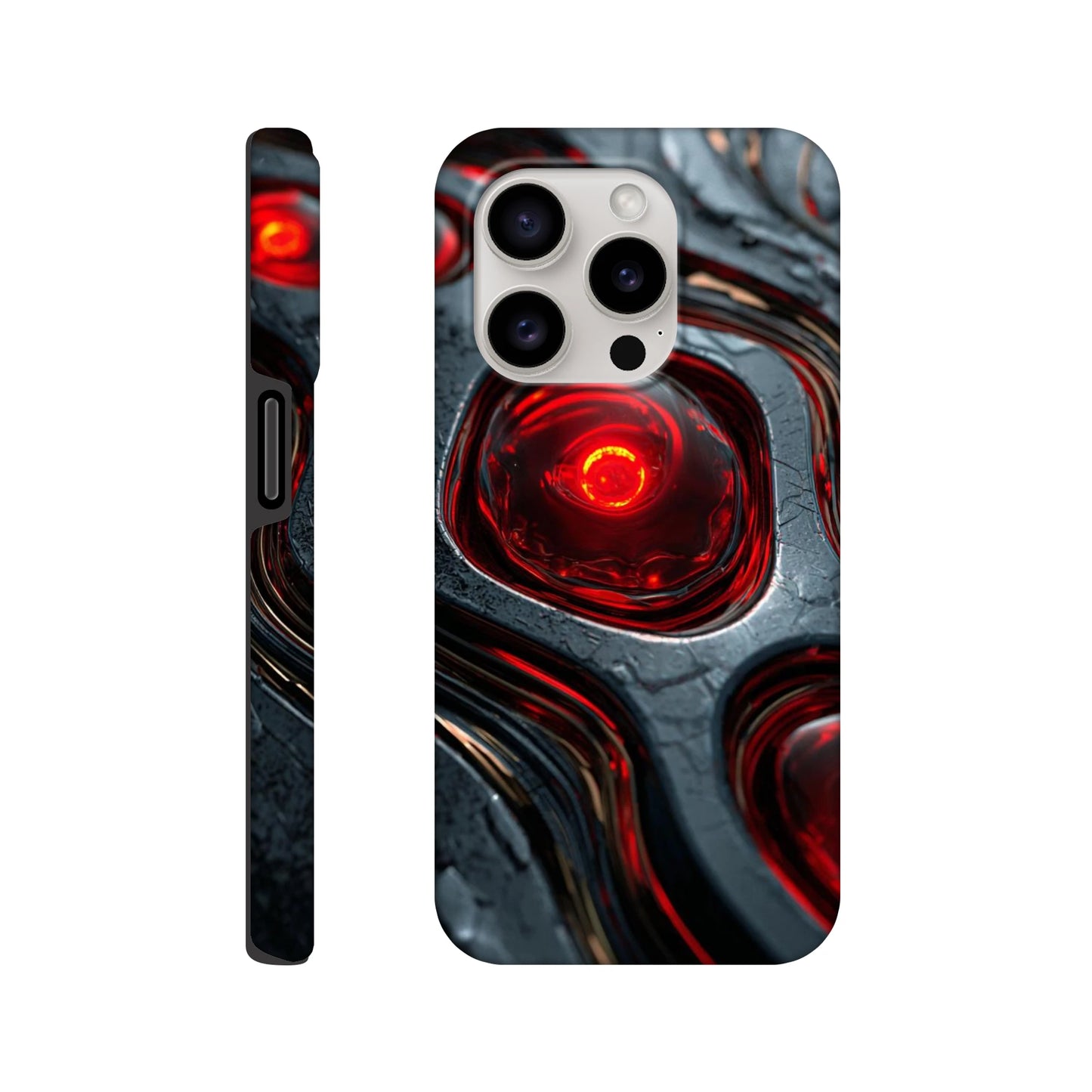 Close-up of glowing red texture on abstract phone case