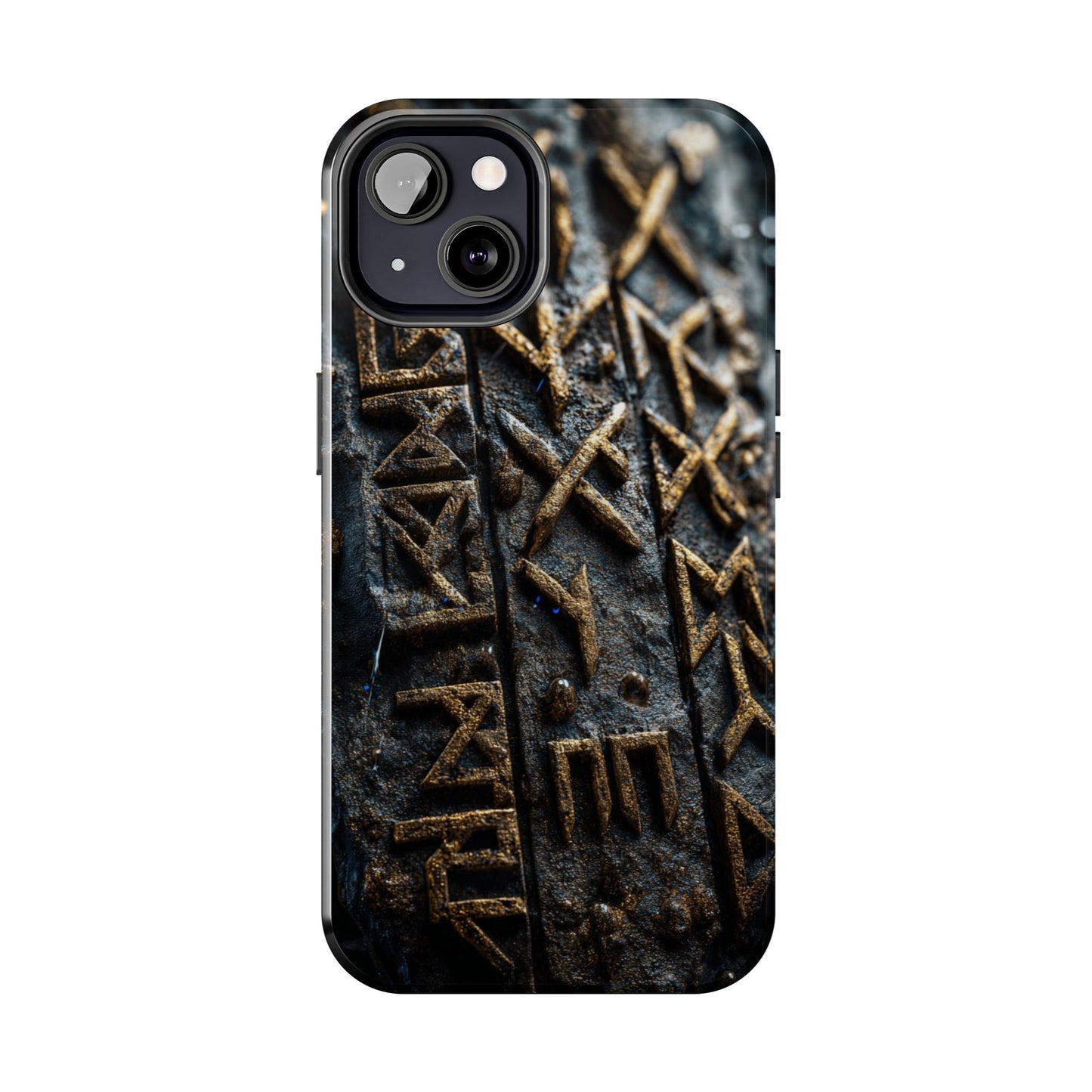 Close-up of rune pattern on protective phone case