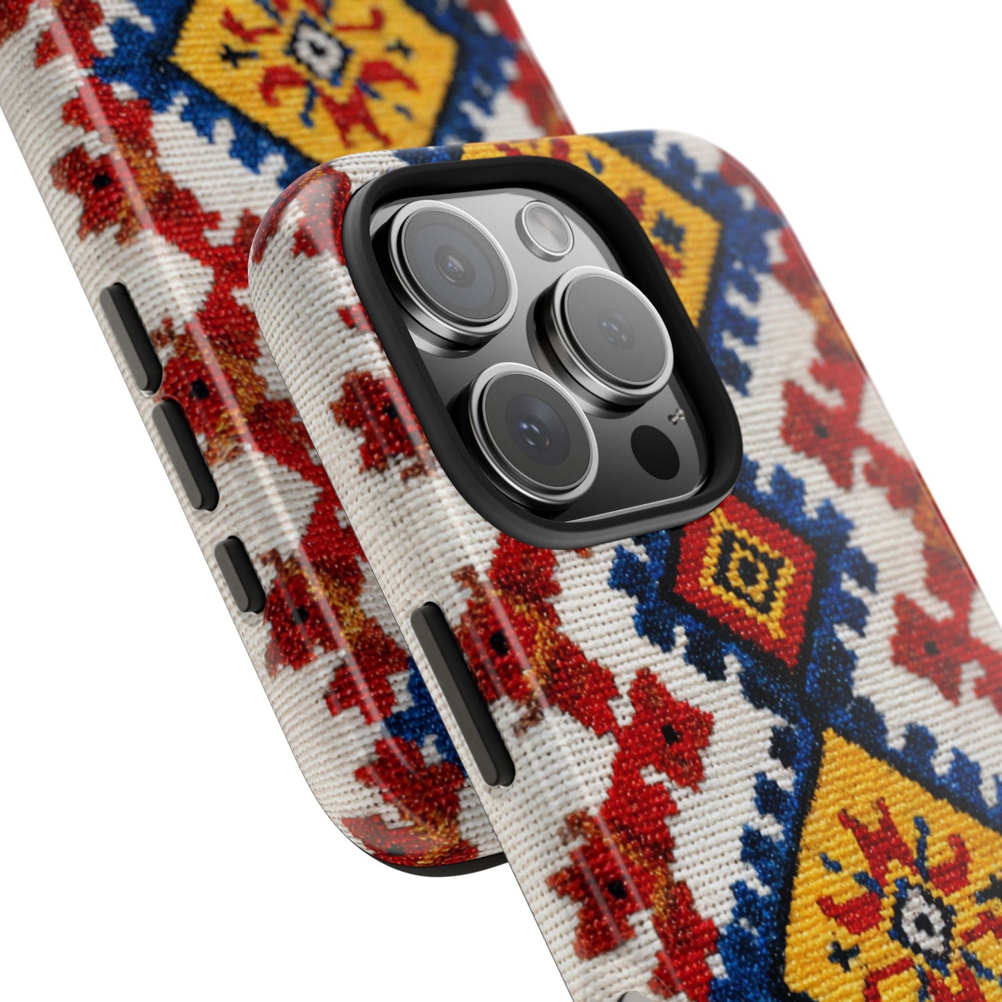 Colorful geometric phone case inspired by Romanian folk art