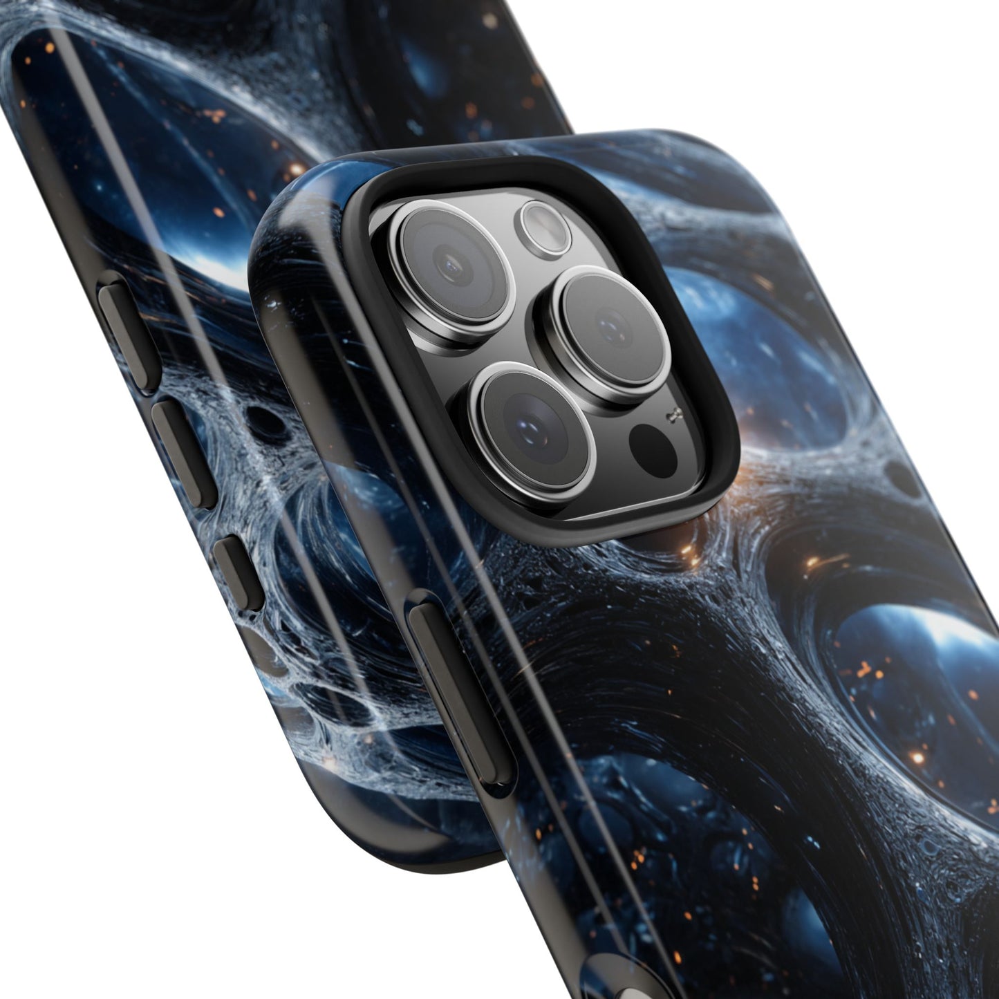 Durable dual-layer phone case with indigo and violet cosmic art print