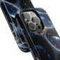 Durable dual-layer phone case with indigo and violet cosmic art print