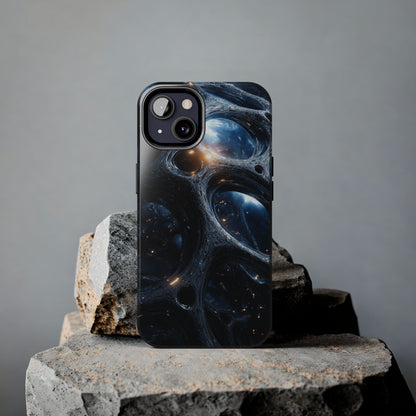 Galaxy art phone case on smartphone displayed against dark star background