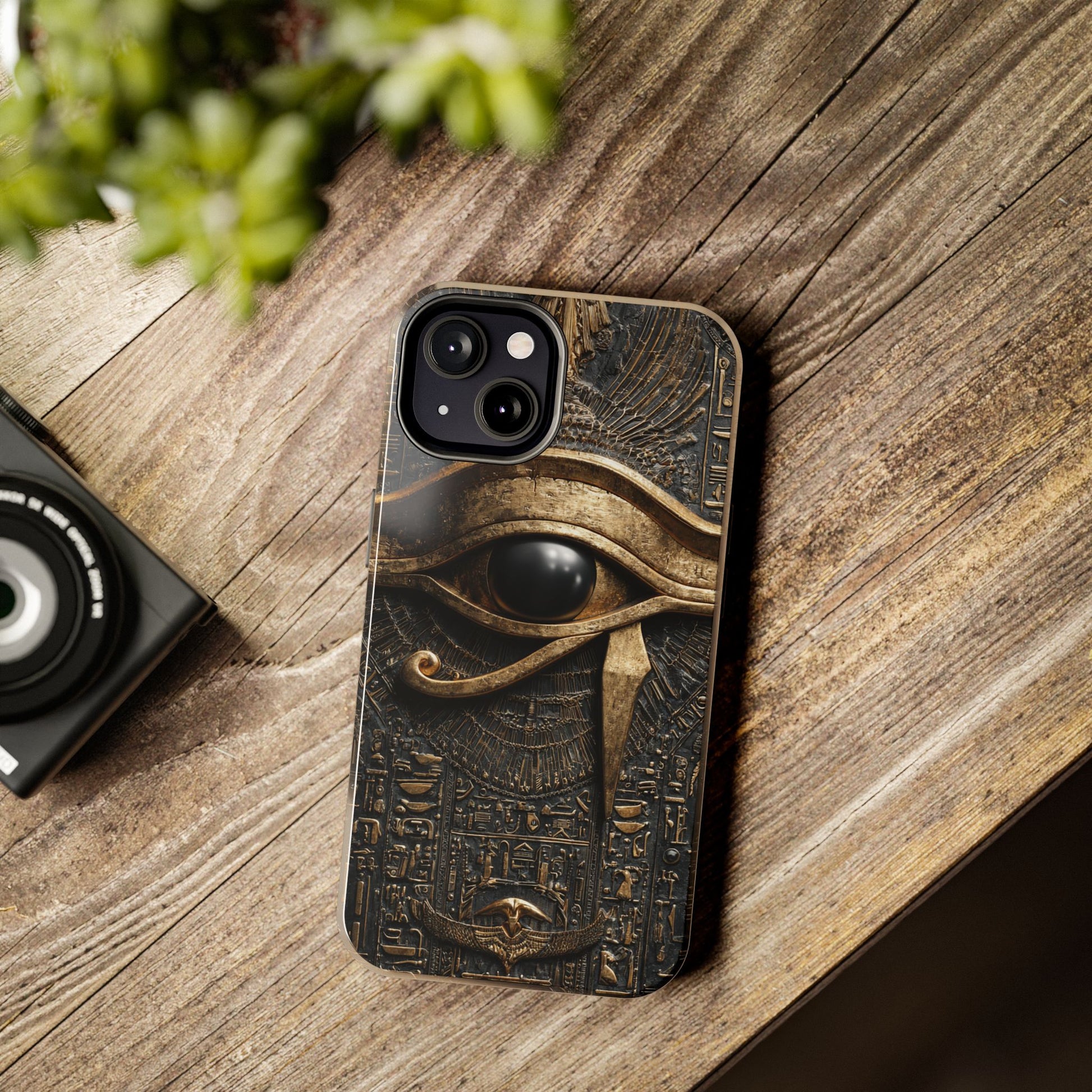 Lightweight yet rugged Egyptian Eye tough phone case in hand